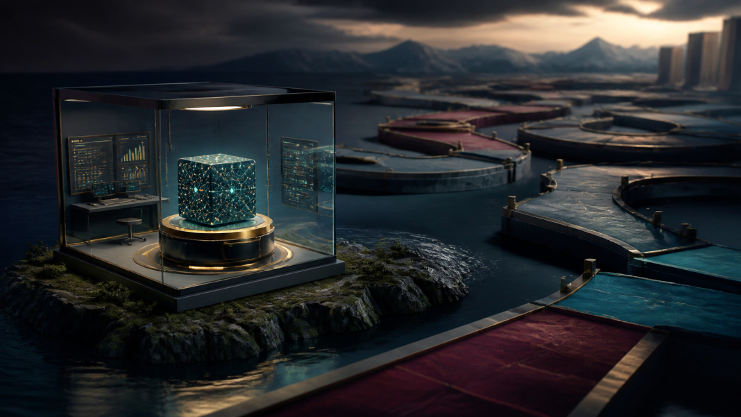 ai-pilot-trap-v2 Promising AI prototype isolated in a glass lab while enterprise pathways remain disconnected