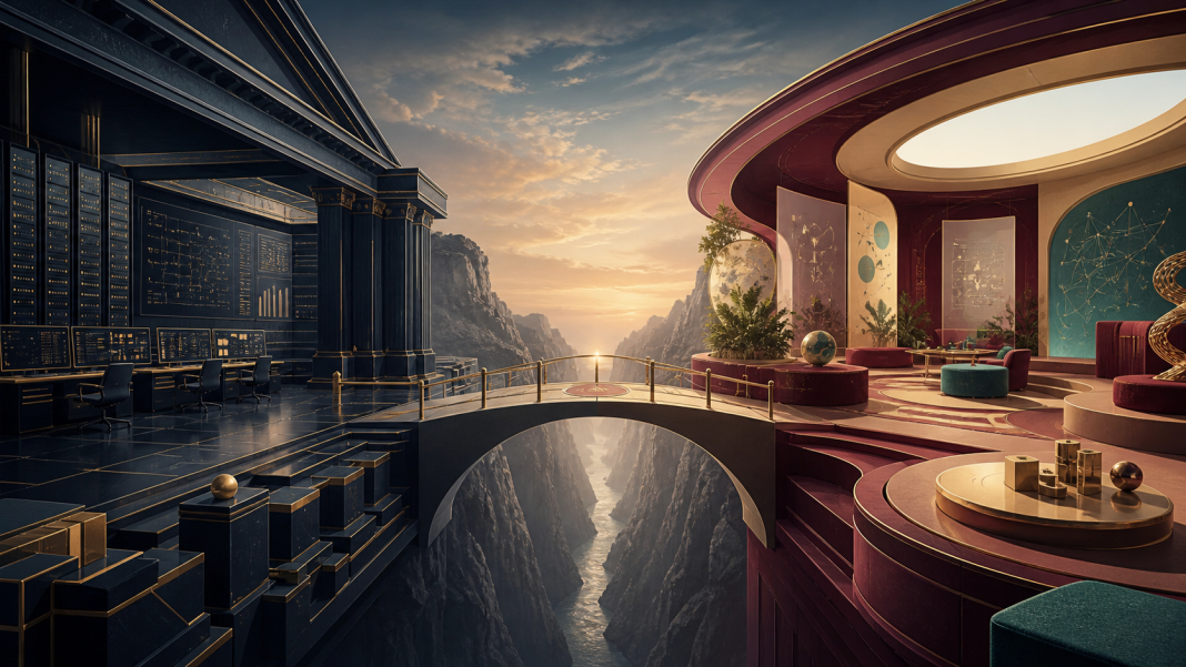 Stable IT operations and adaptive AI leadership environments connected by a strategic bridge