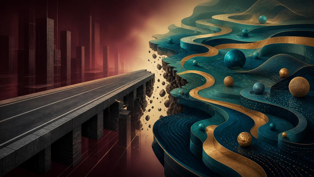 A conventional digital transformation road ending at the edge of an adaptive AI landscape
