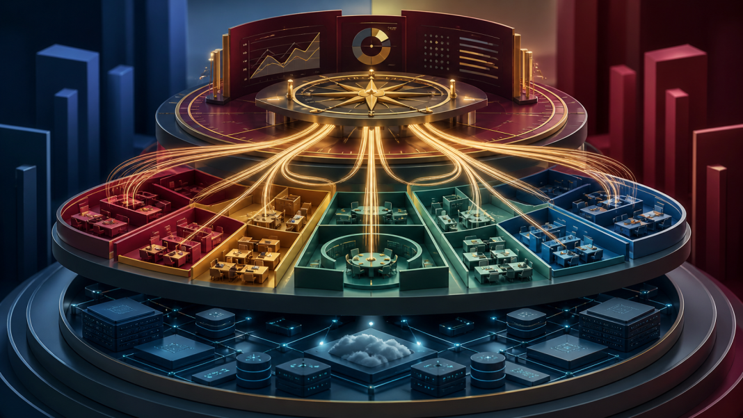 enterprise-ai-transformation-v3 Enterprise leadership orchestrating organizational structures workflows and teams above supporting AI infrastructure