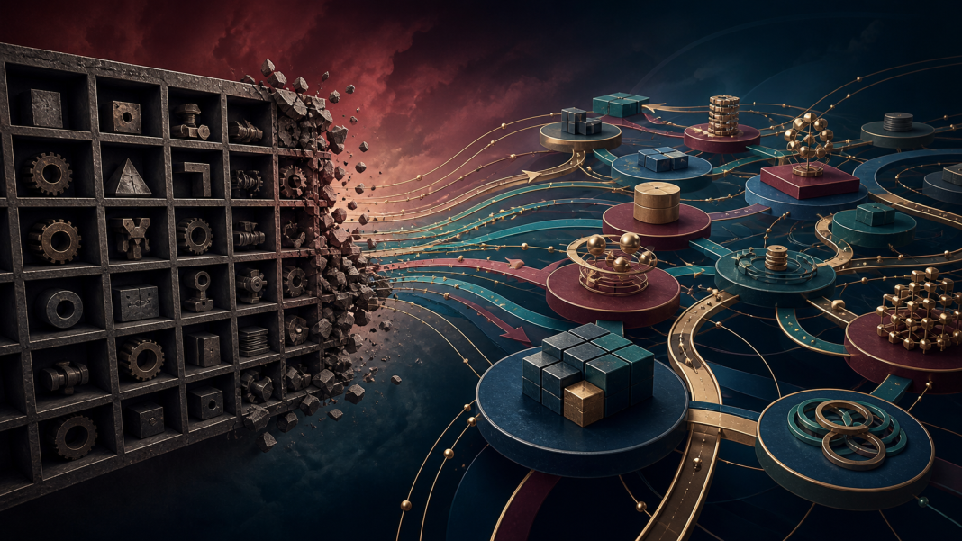 management-frameworks-ai-v2 Rigid traditional management grid giving way to an adaptive interconnected AI operating system