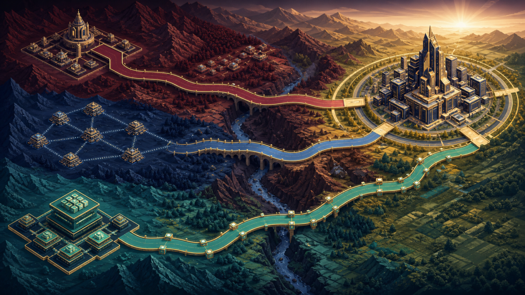 Three distinct strategic routes converging on a mature AI enterprise