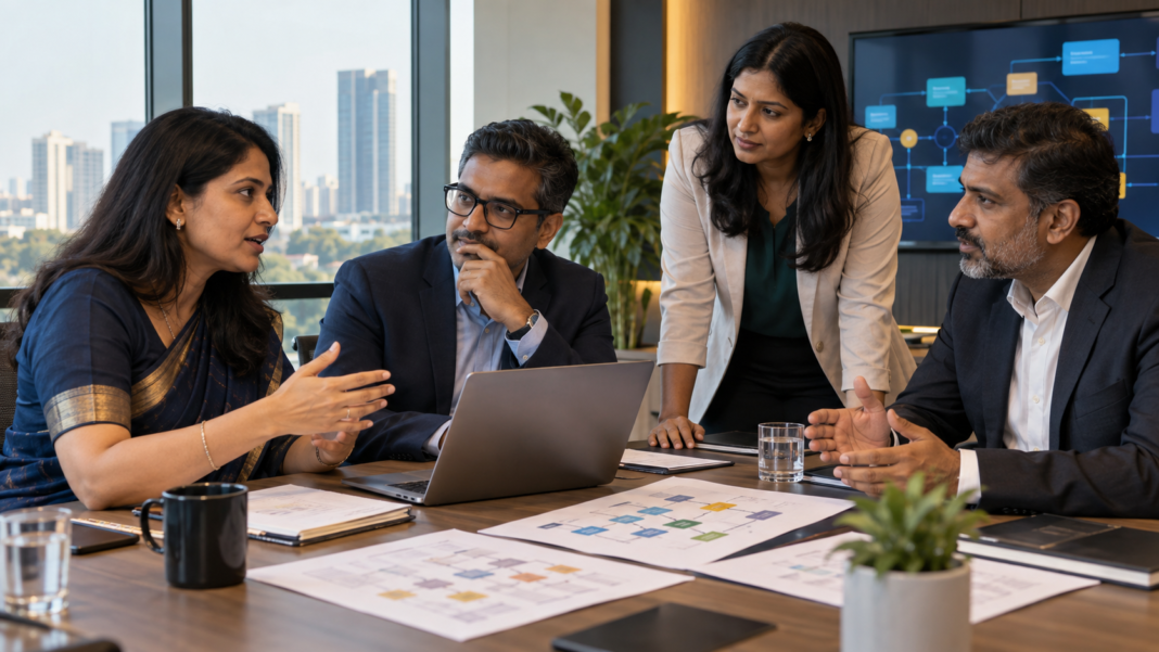 ai-native-enterprise-indian-leaders-featured AI native enterprise leadership team reviewing workflow and data plans in an Indian boardroom