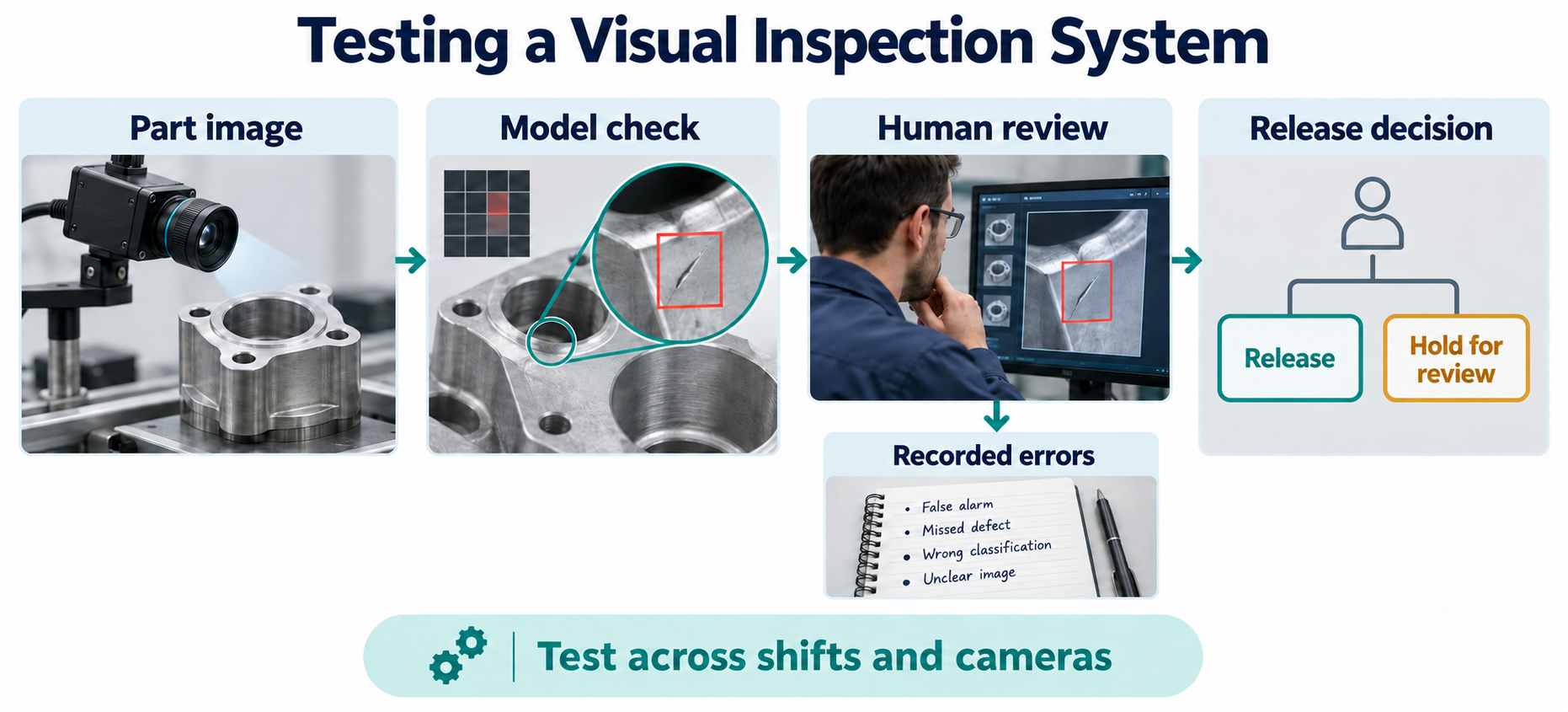 Deep learning for business inspection workflow: part image, model check, human review, and release or hold decision.