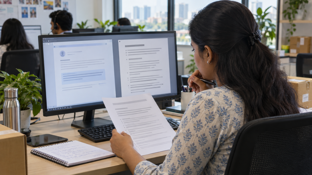 Customer-service professional checking a generative AI draft against a policy document.